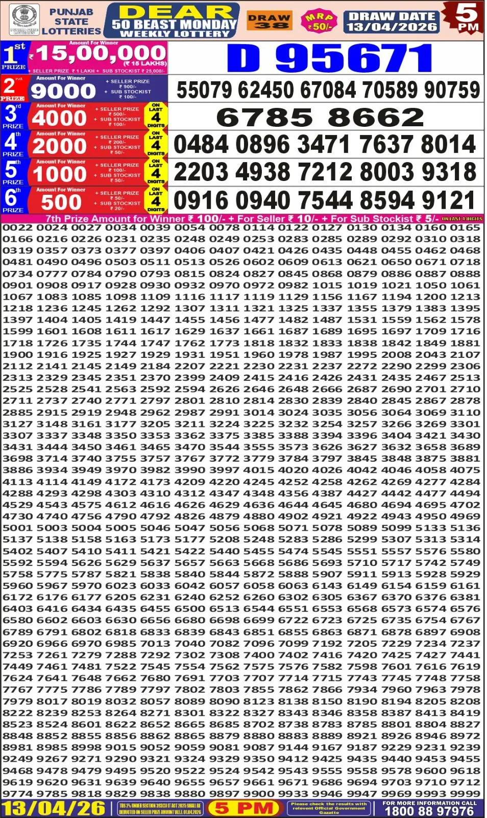 Punjab State Dear 50 Beast Monday Lottery Result 13-04-26