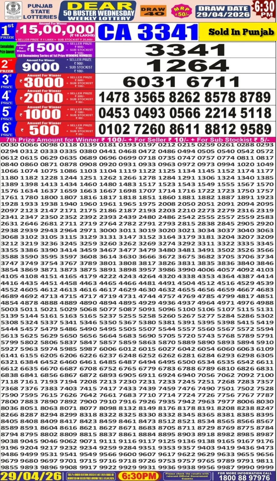 Punjab State Dear 50 Buster Wednesday Lottery Result 29-04-26