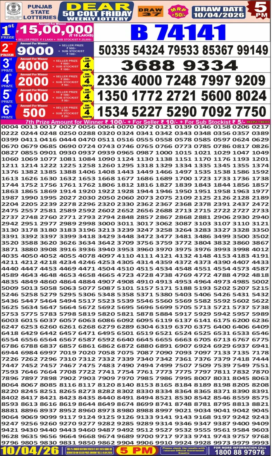 Punjab State Dear 50 Colt Friday Lottery Result 10-04-26 