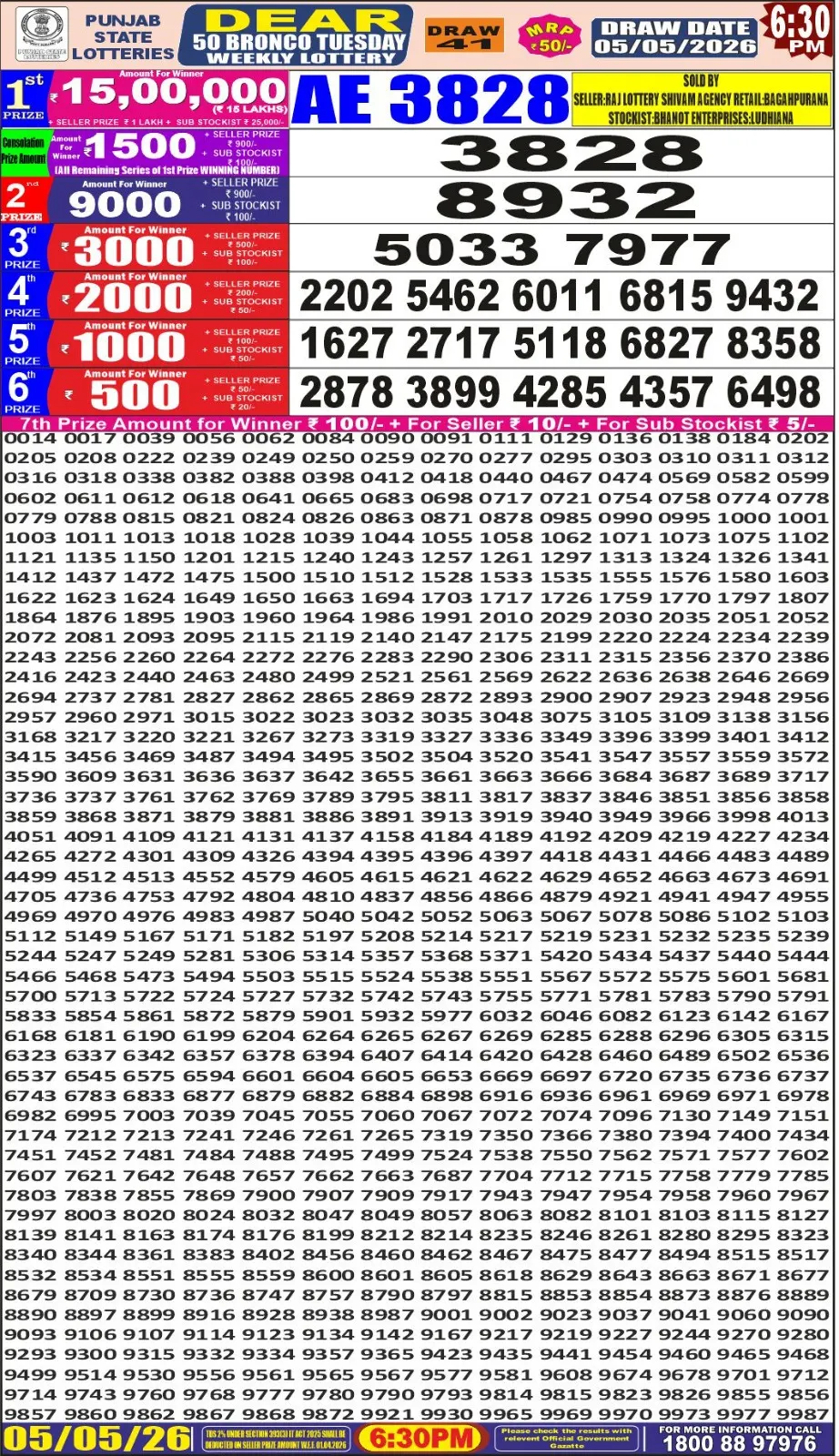 Punjab State Dear 50 Bronco Tuesday Lottery Result 05-05-26