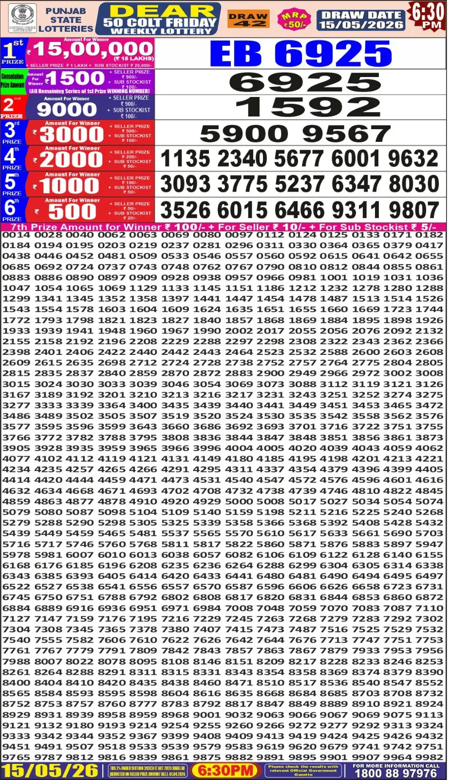 Punjab State Dear 50 Colt Friday Lottery Result 15-05-26