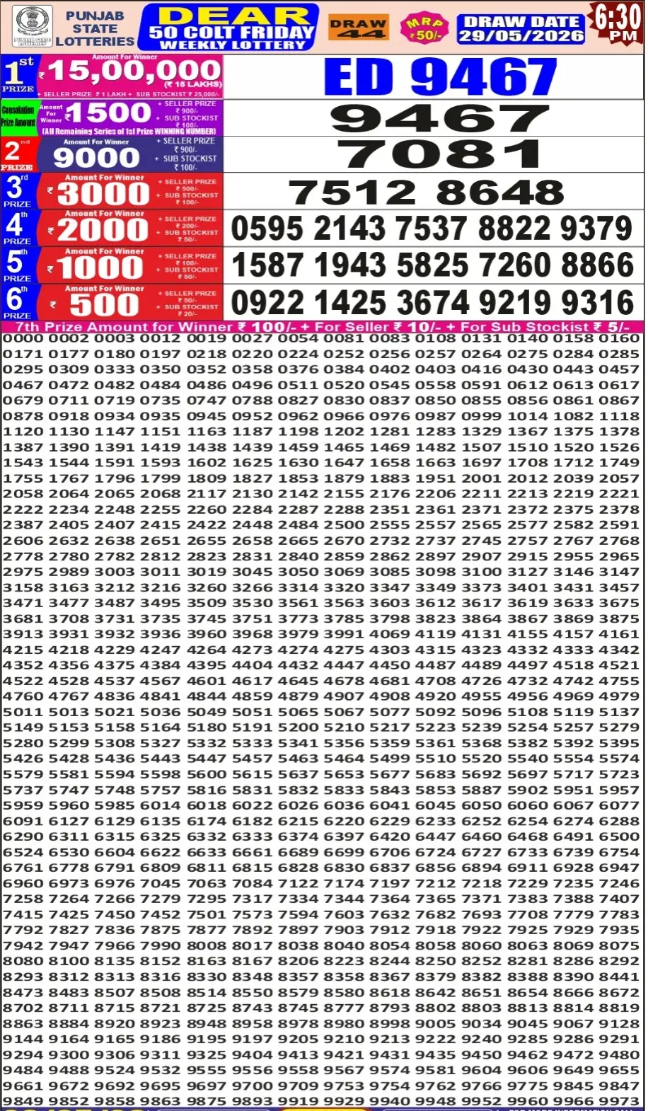 Punjab State Dear 50 Colt Friday Lottery Result 29-05-26