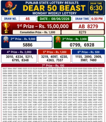 Punjab State Dear 50 Beast Monday Lottery Result 08-06-26