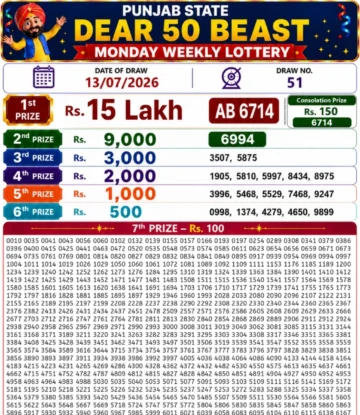 Punjab State Dear 50 Beast Monday Lottery Result 13-07-26