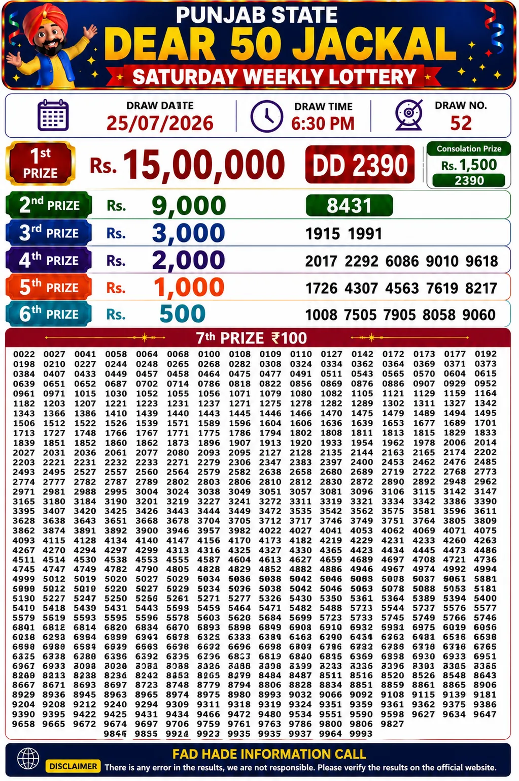 Punjab State Dear 50 Jackal Saturday Lottery Result 25-07-26 Punjab State Dear 50 Jackal Saturday Lottery Result 25-07-26