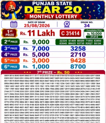 Punjab State Dear 20 Monthly Lottery Result 25-08-26